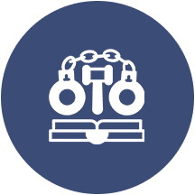 Icon showing handcuffs, a gavel, and an open book on a blue circular background, symbolizing law and justice.