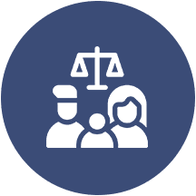 Icon depicting a family of three with justice scales above them. Set against a blue circular background.