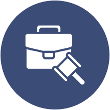Icon of a briefcase and gavel on a blue background, representing legal or business matters.