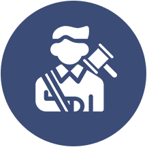 Icon of a person with a gavel on their shoulder, symbolizing a judge or legal authority, inside a blue circle.
