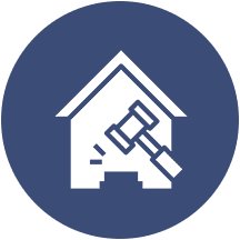 Icon of a white house with a gavel inside, on a blue circular background, symbolizing real estate auctions or legal matters related to property.