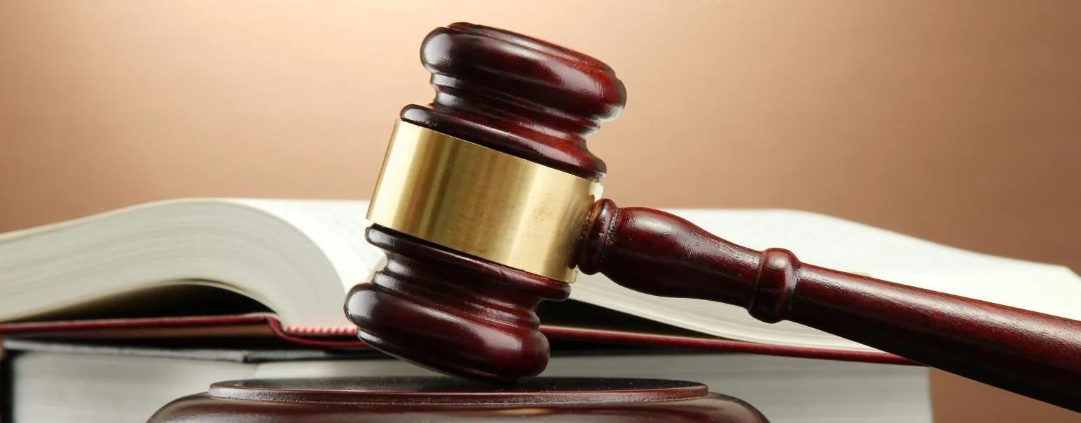 A wooden gavel rests on a block with an open book in the background, symbolizing justice and legal proceedings.