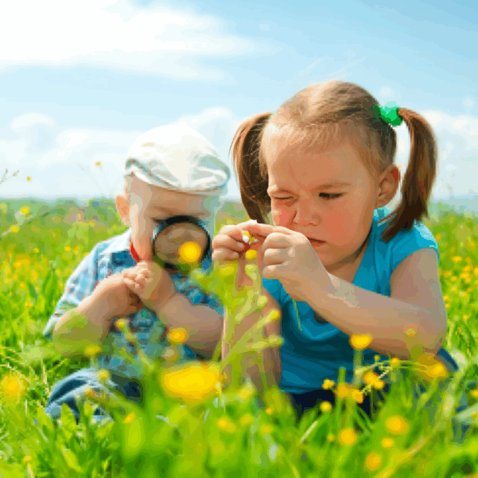 Two children sit in a field of yellow flowers; one child looks through a magnifying glass, while the other inspects a flower closely.