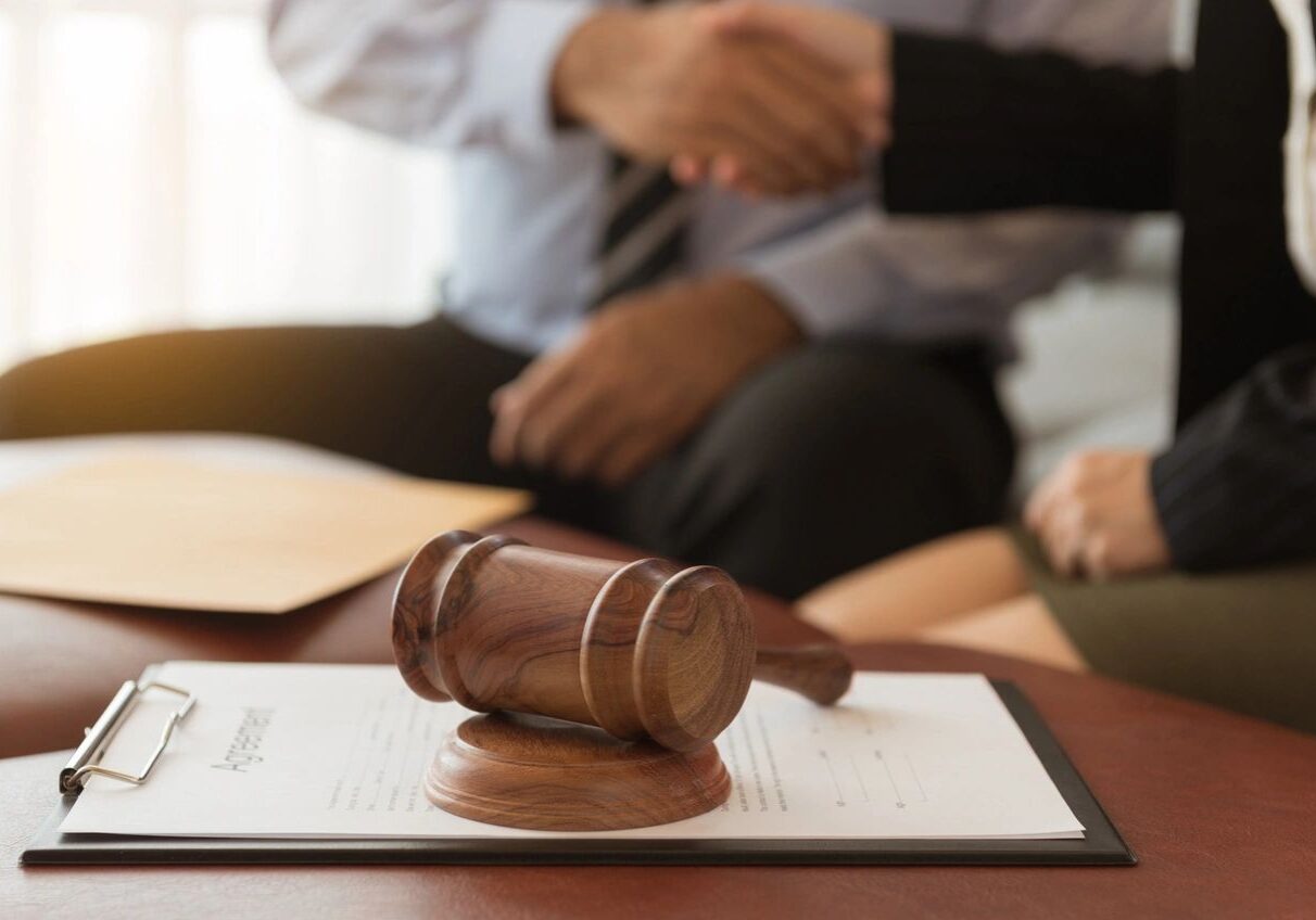 A wooden gavel rests on a clipboard with papers, while two people in business attire shake hands in the background.
